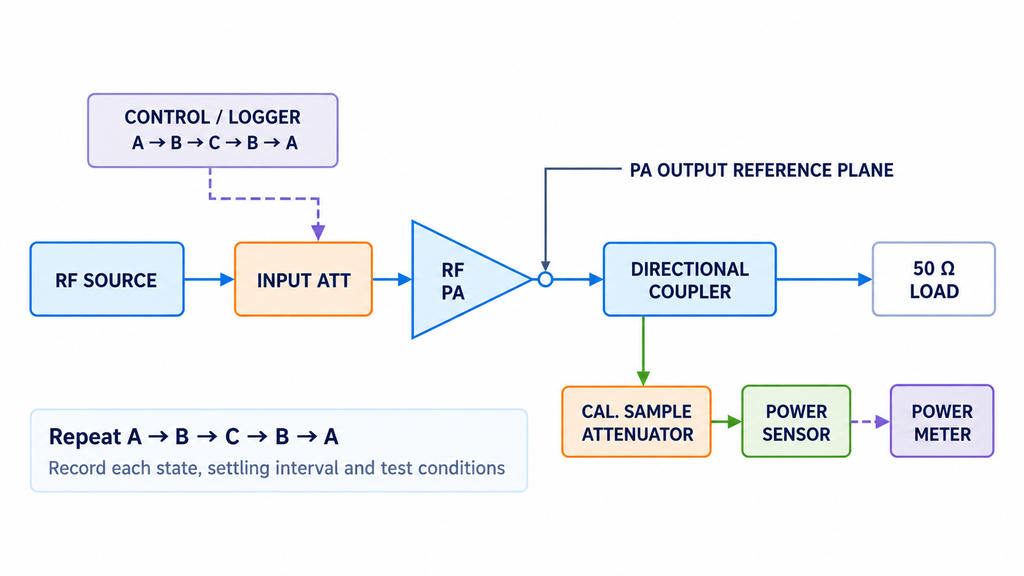 RF PA test setup using a directional coupler, calibrated sample attenuator, and power sensor to verify output steps and repeatability.