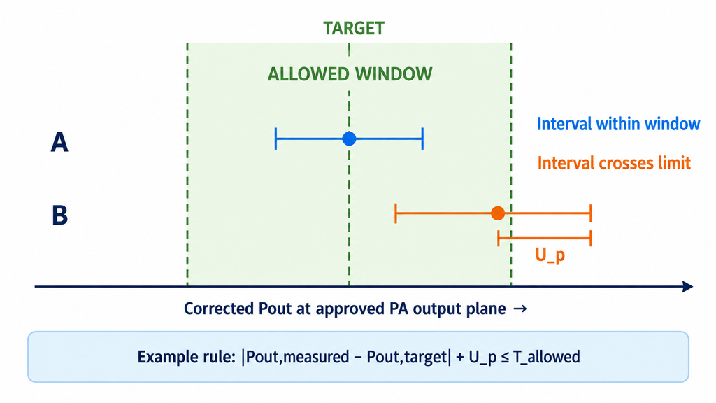RF PA output power acceptance diagram comparing measured power uncertainty intervals against an allowed target window.