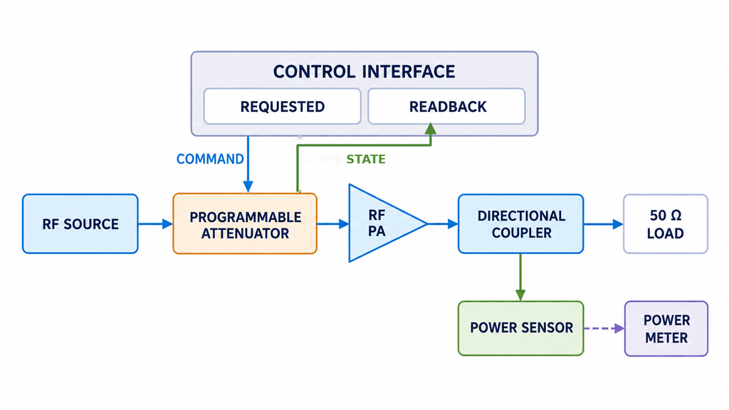 RF amplifier power control diagram showing attenuator commands, setting readback, and independent output power measurement.