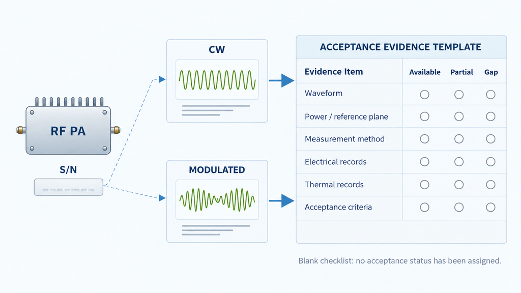 RF amplifier serial number linked to CW and modulated test reports with a unit-level acceptance evidence checklist.
