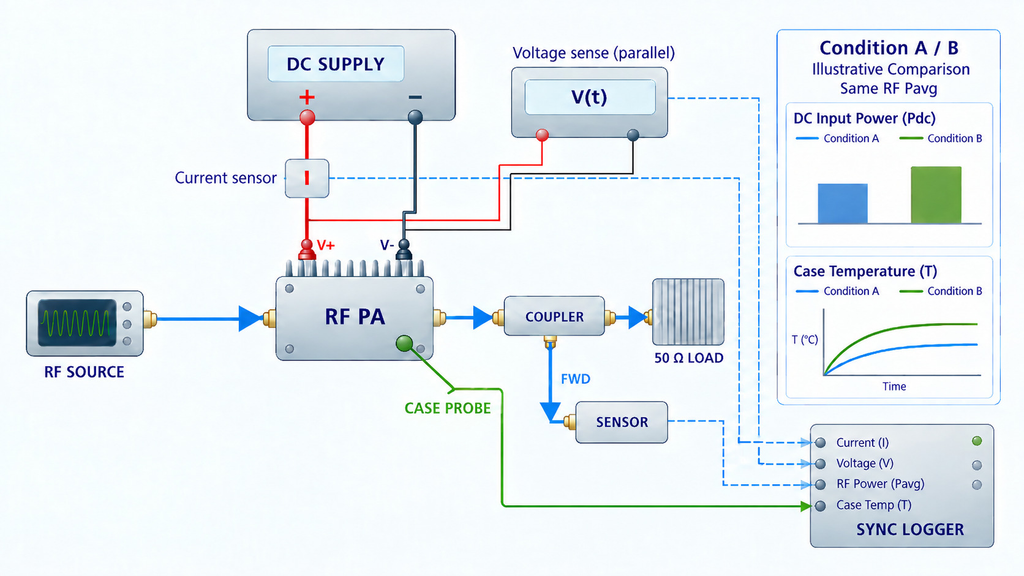 RF amplifier test setup recording DC voltage, current, average RF output power, and case temperature under different operating conditions.
