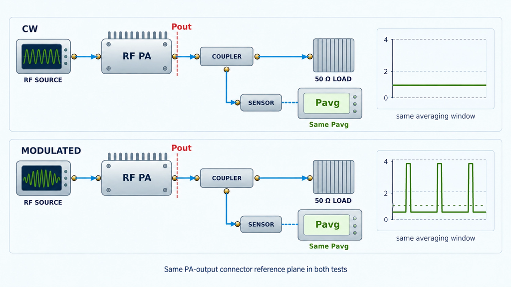 CW and modulated RF amplifier testing at equal average output power, demonstrating different peak envelope power levels.