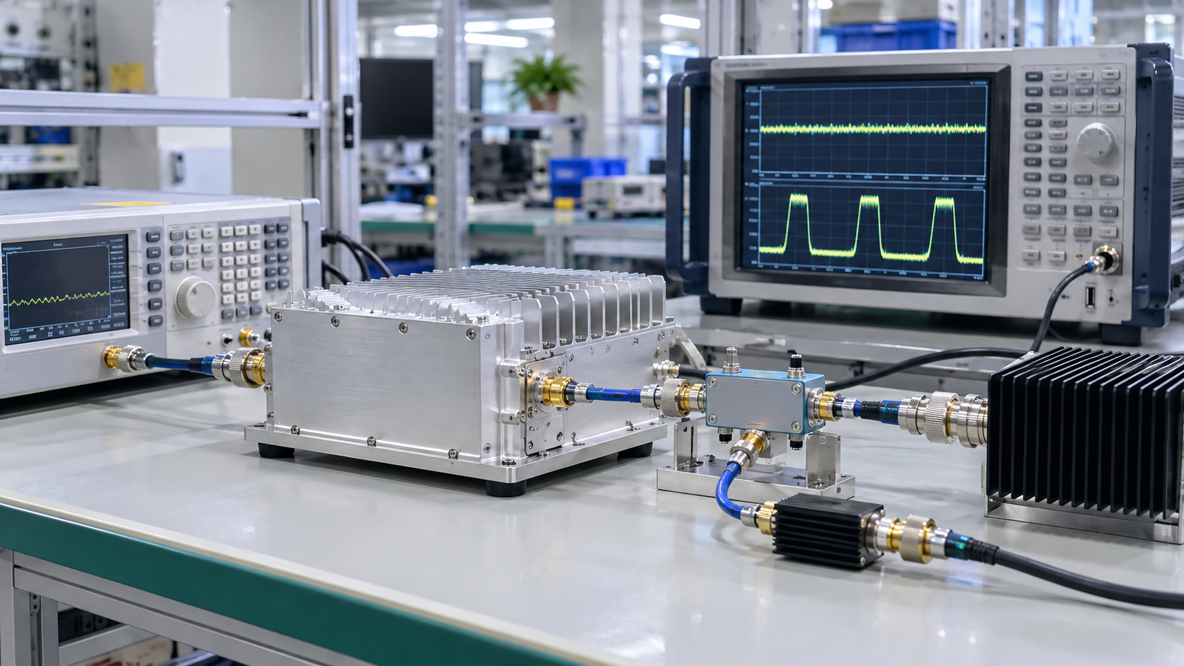 RF amplifier testing setup with a directional coupler, RF load, and measurement instruments displaying steady and pulsed waveform traces.