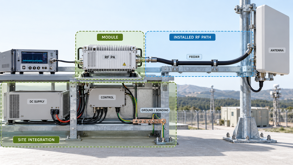 Temporary C-UAS RF installation showing the RF amplifier module, installed feeder and antenna path, and site integration boundaries.