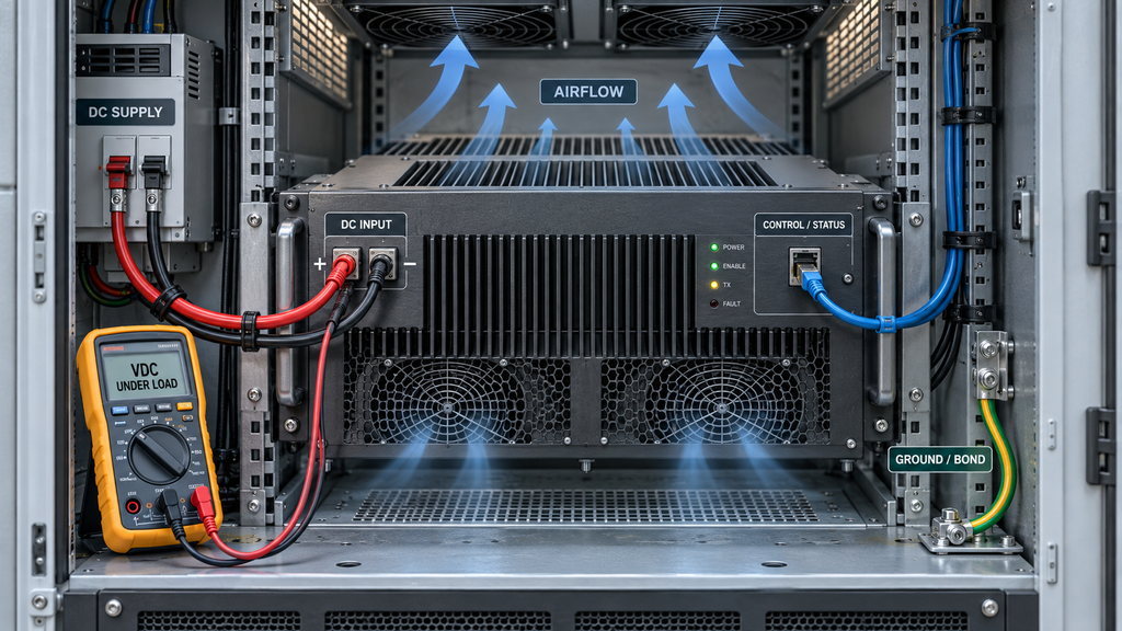RF amplifier cabinet showing DC input voltage checks, grounding and bonding, control status connections, and cooling airflow.