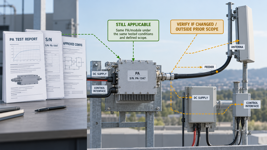 RF amplifier test reports linked to the original module, with feeder, antenna, DC supply, and control interfaces identified for additional verification when required.