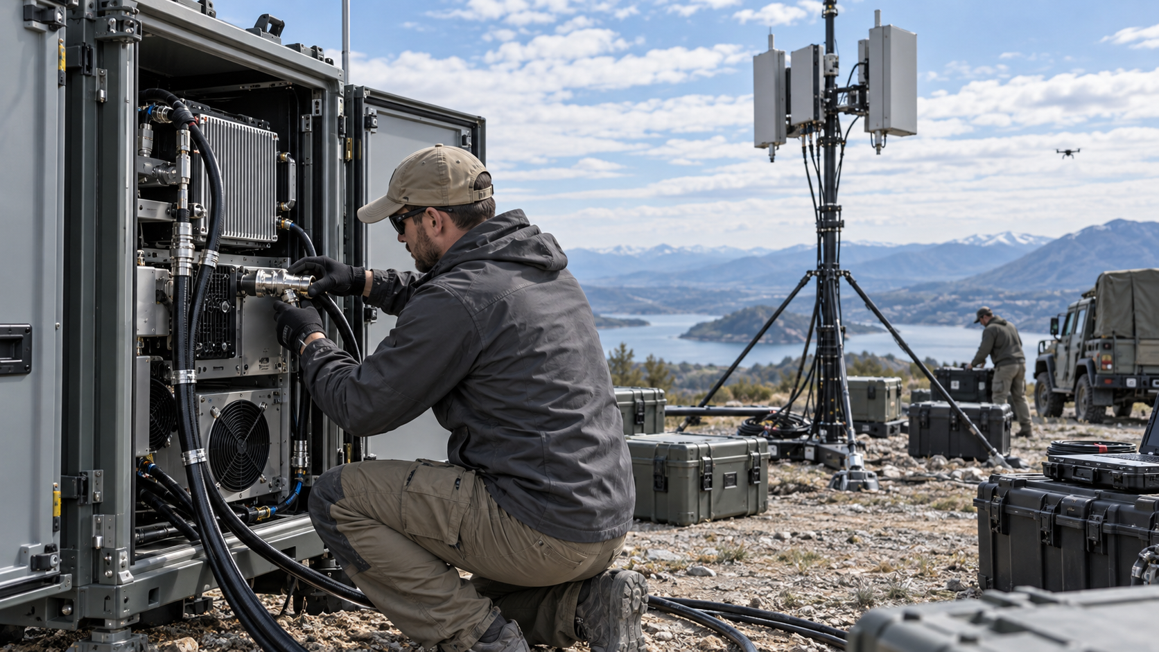 Field engineer reconnecting RF equipment inside a temporary C-UAS deployment cabinet with outdoor antennas and portable equipment nearby.