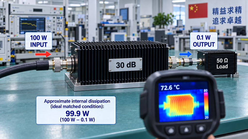 A 30 dB RF attenuator receiving 100 W and delivering 0.1 W, with approximately 99.9 W dissipated internally under ideal matched conditions.