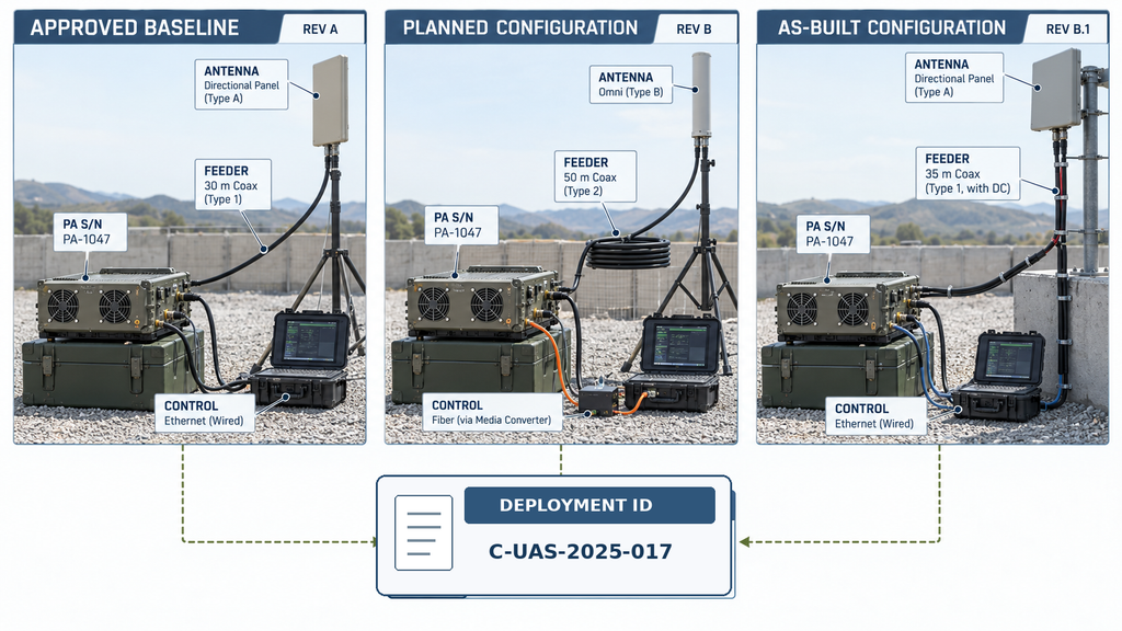 Comparison of approved baseline, planned configuration, and as-built C-UAS RF systems showing changes in antenna type, feeder cable, and control connections.