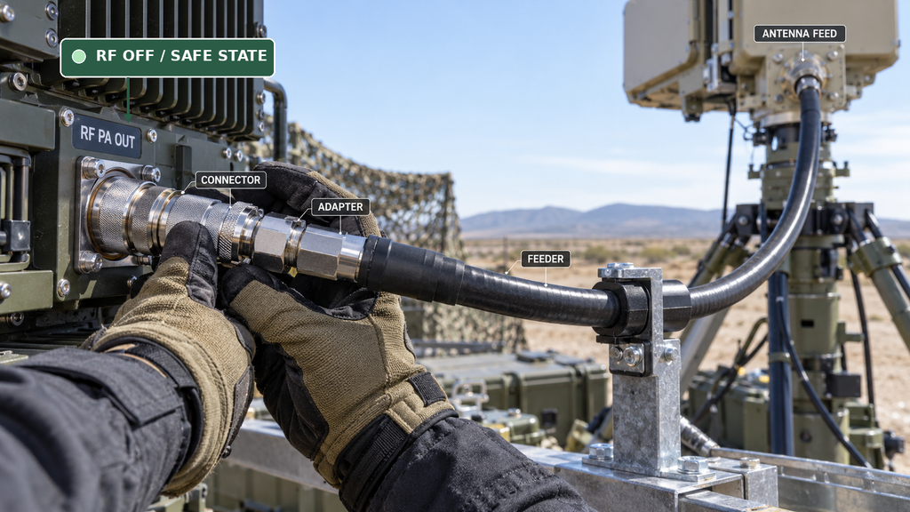 Engineer inspecting an RF amplifier output connector, coaxial adapter, and antenna feeder connection with RF output disabled.