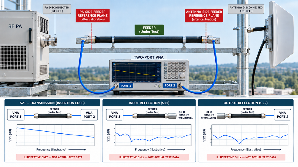 Isolated RF feeder connected to a two-port vector network analyzer for S21 transmission loss and S11/S22 reflection measurements.