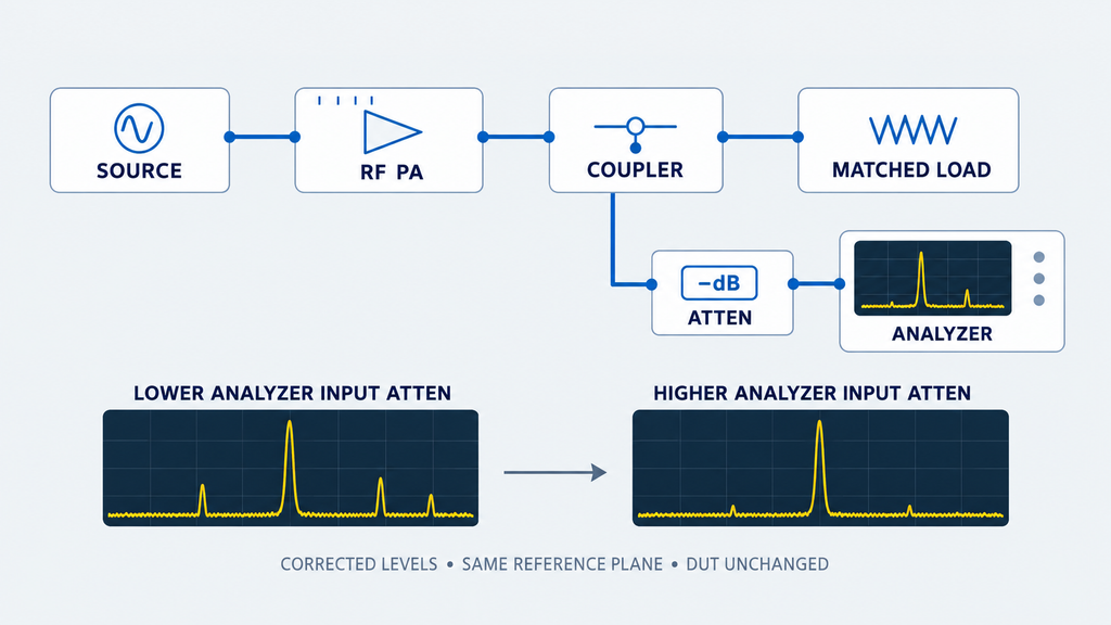 Spectrum analyzer input attenuation comparison showing how a suspicious spur changes under different attenuation settings with the DUT unchanged.