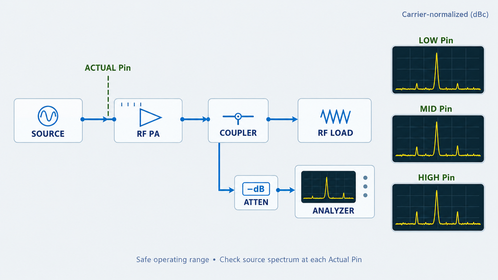 RF power amplifier drive sweep showing carrier-normalized spurious levels at low, medium, and high actual input power.