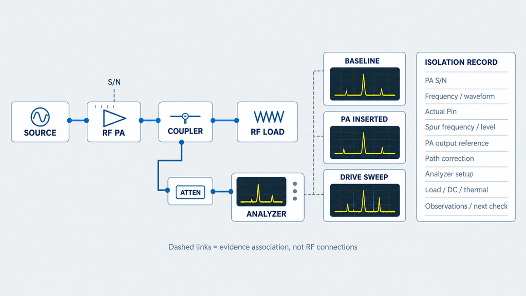 RF spur isolation workflow showing the source, power amplifier, coupler, load, spectrum analyzer, baseline, PA-inserted and drive-sweep spectra, and an isolation record checklist.