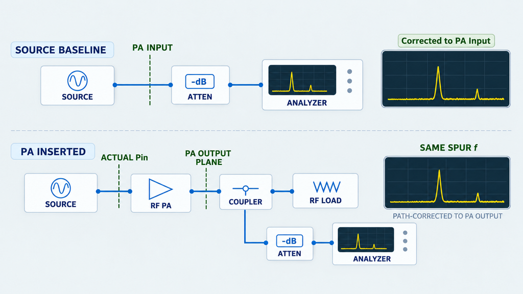 Comparison of source baseline and RF amplifier spurious output at matched operating conditions using corrected input and output reference planes.