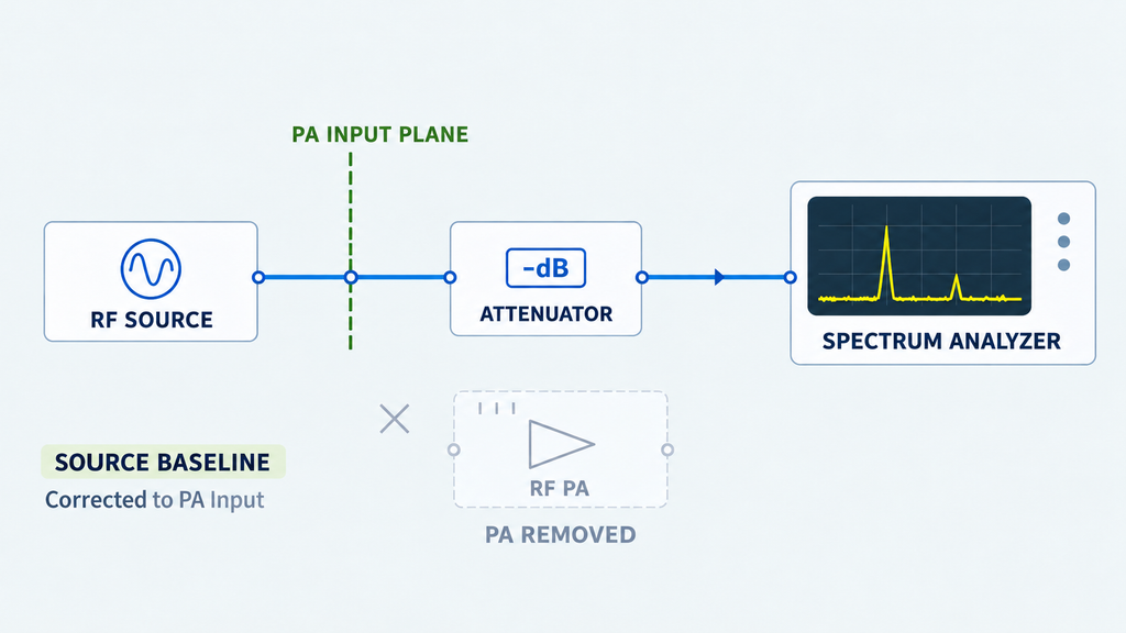 Source baseline measurement with the RF power amplifier removed, showing carrier and spurious signals corrected to the PA input reference plane.