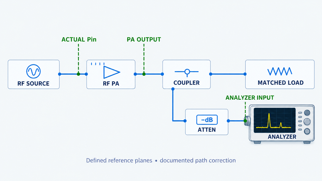RF power amplifier test setup showing PA input, PA output, and spectrum analyzer reference planes with a directional coupler and attenuator.