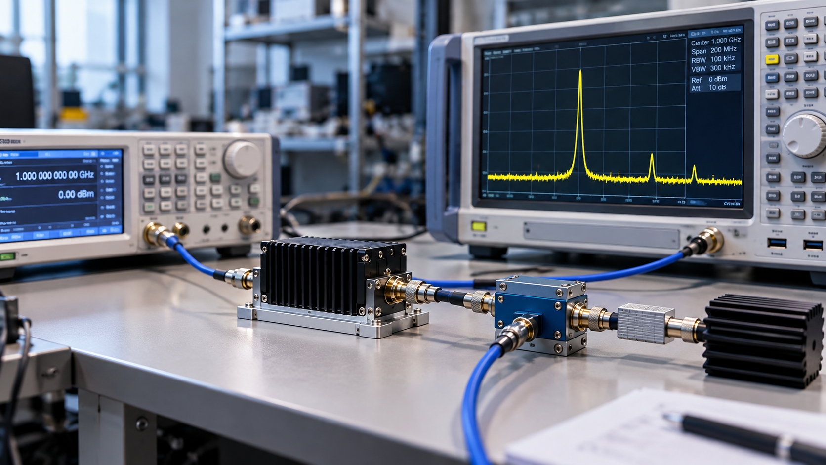 RF amplifier spurious output test setup with an RF source, power amplifier, directional coupler, matched load, attenuator, and spectrum analyzer.