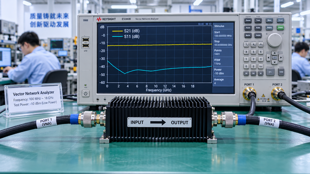 Vector network analyzer measuring the frequency response and input matching of an RF attenuator with designated input and output ports.
