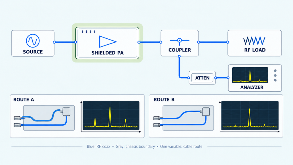 RF cable routing comparison showing different spurious signal levels when coaxial cables are positioned closer together or farther apart.