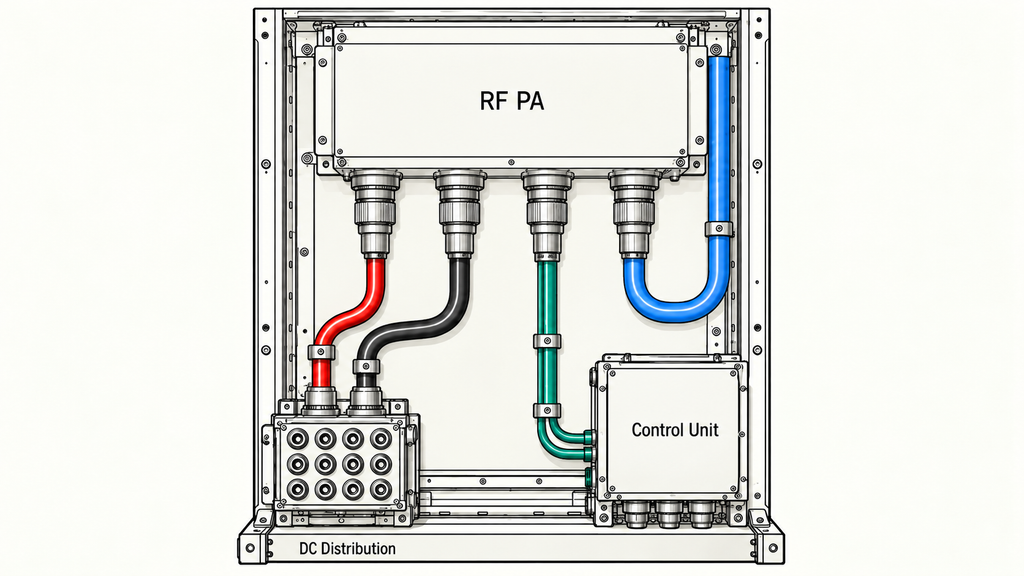 RF power amplifier connected to DC distribution and a control unit, with separate DC positive, DC return, control, and RF output cables.