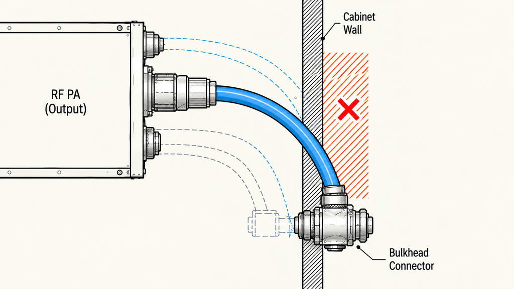 RF cable routing between a power amplifier output and a cabinet bulkhead connector, showing restricted bend clearance near the cabinet wall.