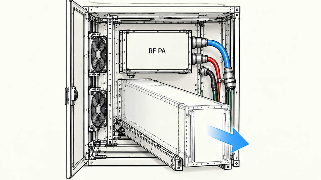 Cabinet maintenance access illustration showing an installed RF power amplifier above a separate module extending outward on service rails.