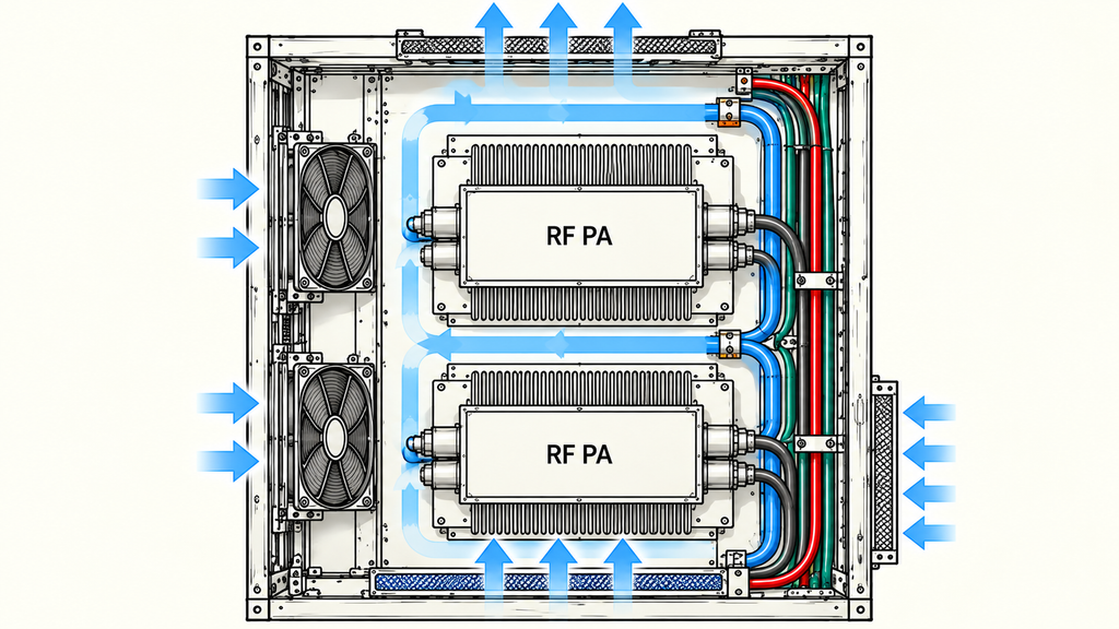 Two RF power amplifiers installed in a space-limited C-UAS cabinet with cooling fans, airflow paths, and nearby cable bundles.