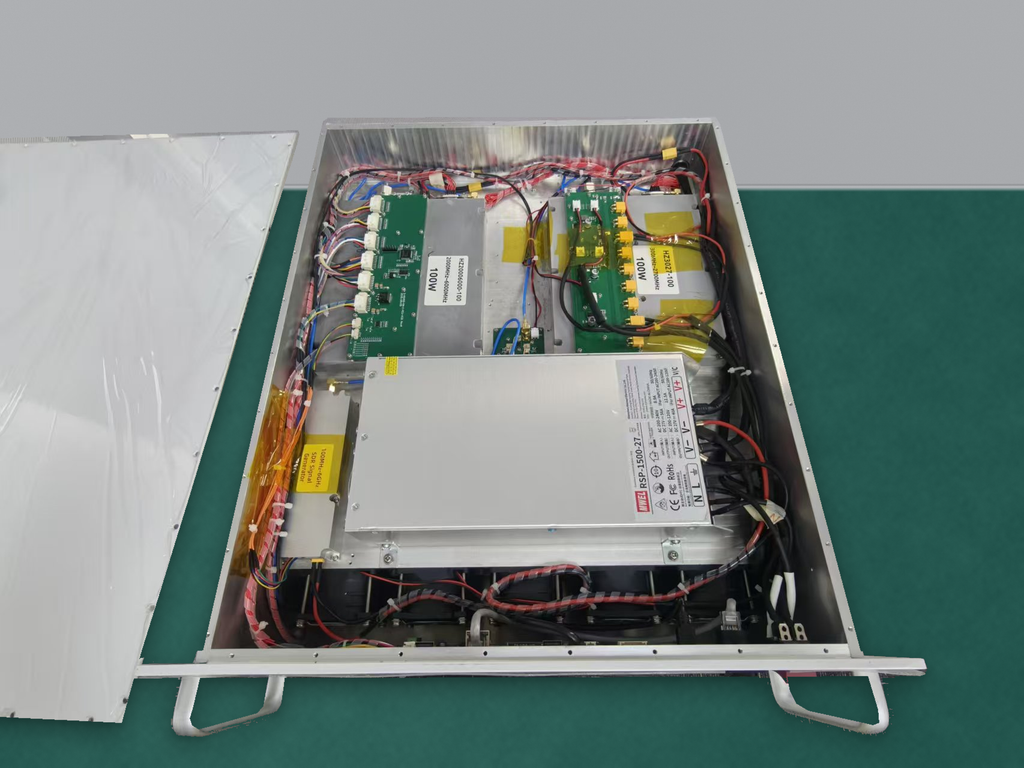 RF power amplifier installation envelope showing connector clearance, cable bend space, tool access, and interference with a cabinet partition.