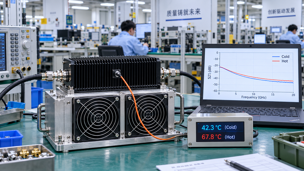 High-power RF attenuator mounted on a forced-air cooling assembly with cold-state and hot-state measurements displayed on test instruments.
