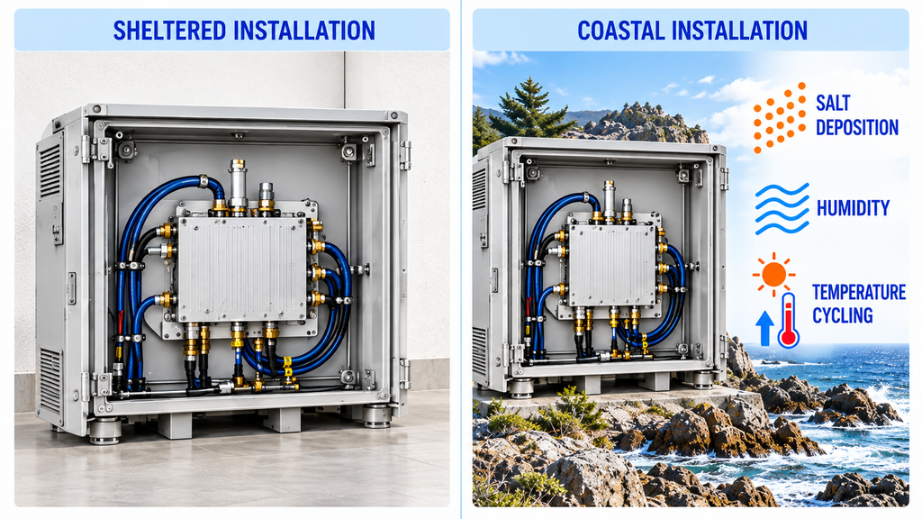 Comparison of sheltered and coastal RF amplifier installations showing salt deposition, humidity, and temperature cycling risks.