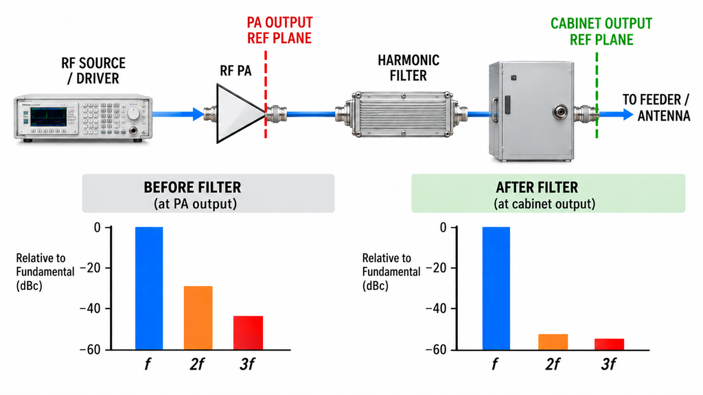 RF power amplifier and harmonic filter signal chain showing PA output and cabinet output reference planes with harmonic spectrum comparisons.
