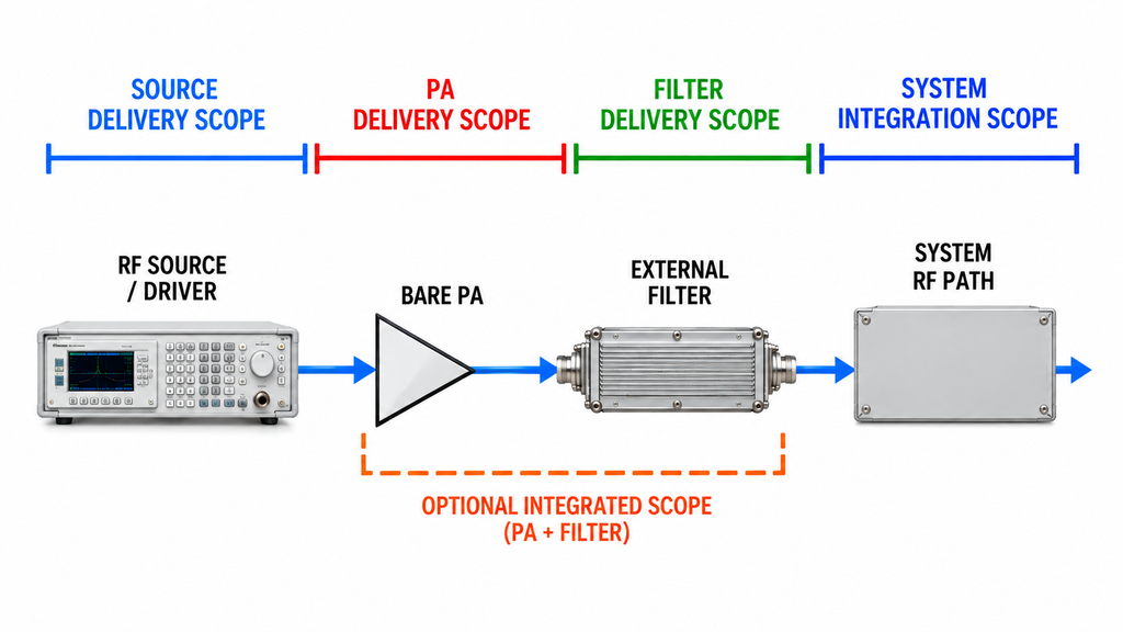 RF signal chain illustrating separate delivery responsibilities for the source, PA module, external harmonic filter, and system integrator.