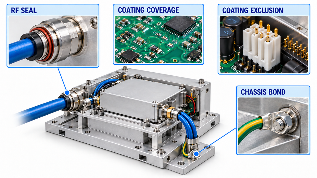 RF module assembly showing connector sealing, conformal coating coverage and exclusions, and chassis grounding connections.