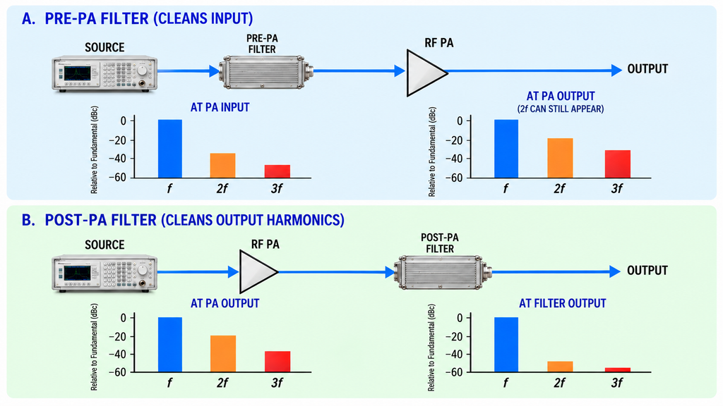 Comparison of pre-PA and post-PA harmonic filtering with RF signal paths and relative harmonic levels at different measurement points.