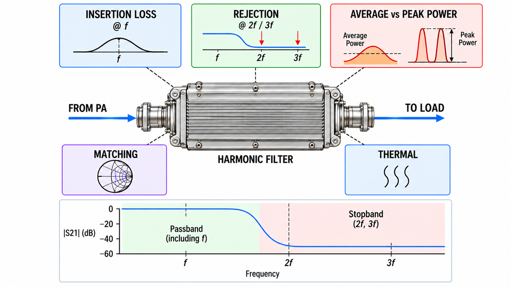 RF harmonic filter illustration showing insertion loss, harmonic rejection, average and peak power, impedance matching, and thermal considerations.