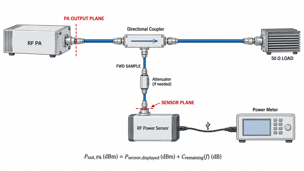 RF power amplifier output measurement setup showing the PA output reference plane, directional coupler, attenuator, power sensor, and path correction.
