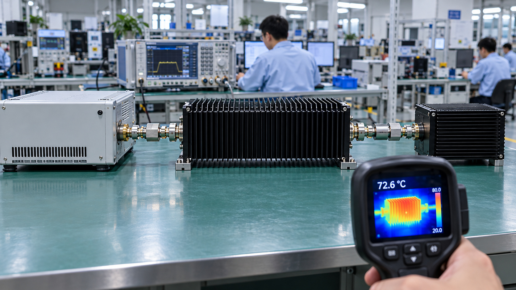 RF attenuator power rating evaluation using a high-power attenuator connected between an RF amplifier and a 50-ohm load, with thermal imaging of the attenuator.