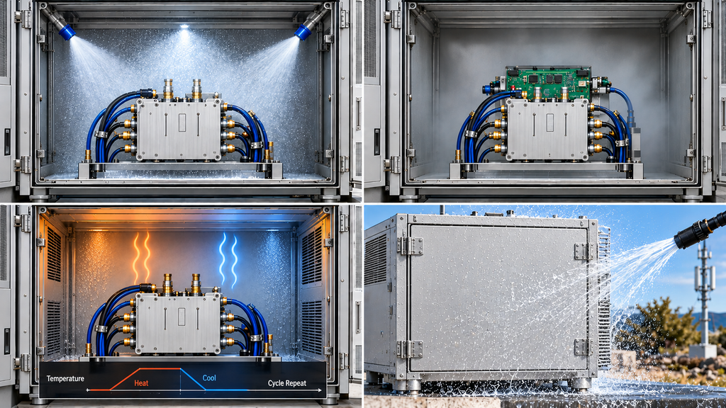 RF environmental testing scenarios showing cyclic salt mist, non-condensing damp heat, cyclic damp heat, and water ingress testing.