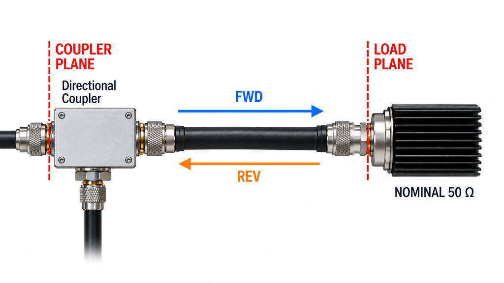 Directional coupler and 50-ohm dummy load showing forward and reflected RF power, cable connections, and load reference planes.