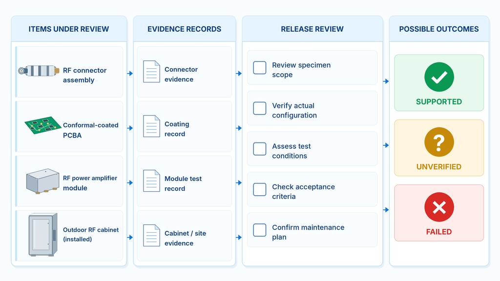 Coastal RF module verification workflow connecting component evidence, installation review, acceptance criteria, and possible release outcomes.