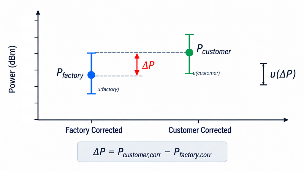 Comparison of corrected RF power amplifier output power measured by factory and customer laboratories, including power difference and measurement uncertainty.