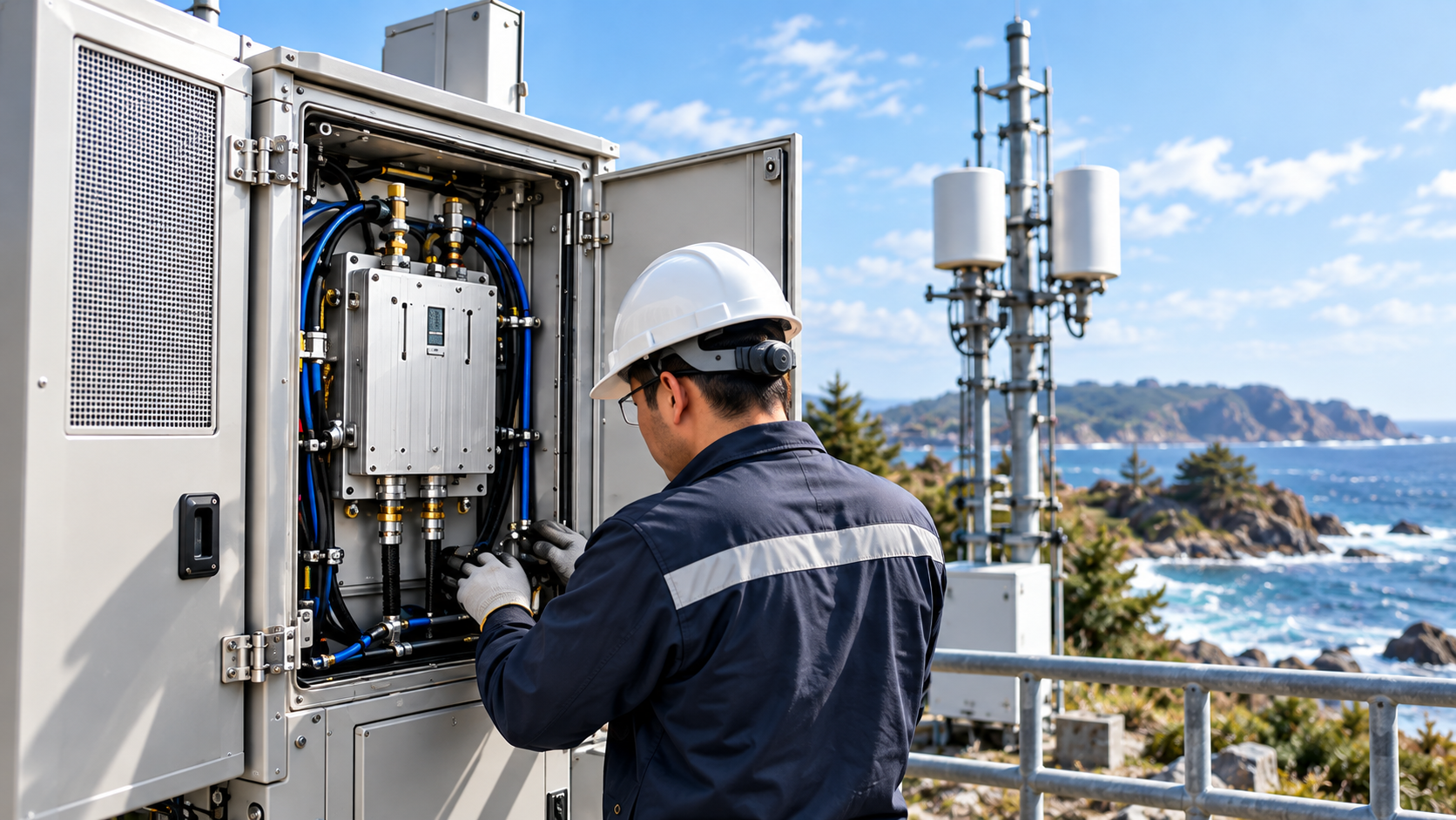 Technician inspecting an RF power amplifier installation inside an outdoor cabinet at a coastal C-UAS site.