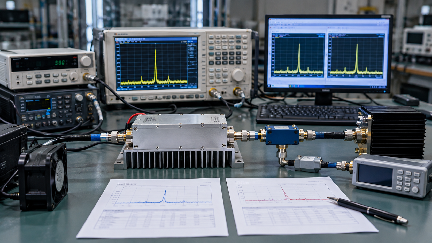 RF power amplifier on an industrial laboratory test bench with RF measurement instruments, directional coupler, dummy load, and factory versus customer test records.