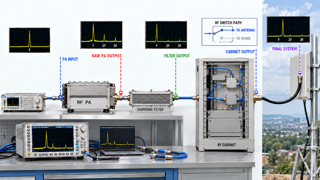RF signal chain showing harmonic verification reference planes from PA input and output through the filter, RF cabinet, and installed antenna system.