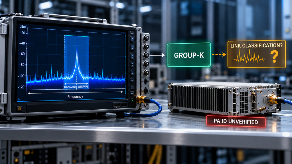 Spectrum analyzer showing a measured frequency interval classified as GROUP-K, with communication link classification and RF PA identity unverified.