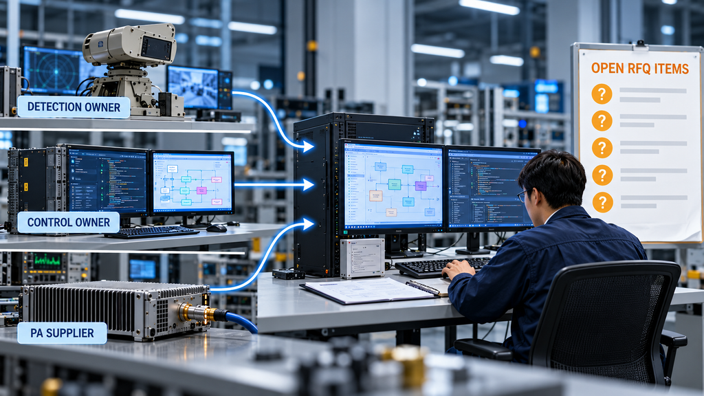 C-UAS integration workflow showing detection, control and RF PA suppliers providing technical information to a system integrator for unresolved RFQ requirements.
