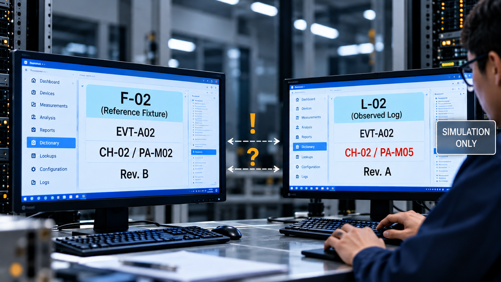 Synthetic C-UAS mapping review comparing reference fixture F-02 with observed log L-02, revealing an equipment identity mismatch and different dictionary revisions.