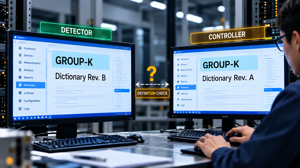 C-UAS detector and controller displaying GROUP-K under Dictionary Rev. B and Rev. A, requiring classification definition verification.