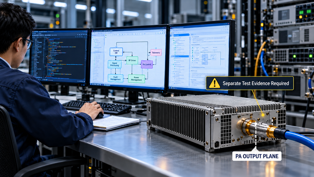 Engineer reviewing software mapping information beside an RF power amplifier with its output reference plane marked, highlighting the need for separate hardware test evidence.